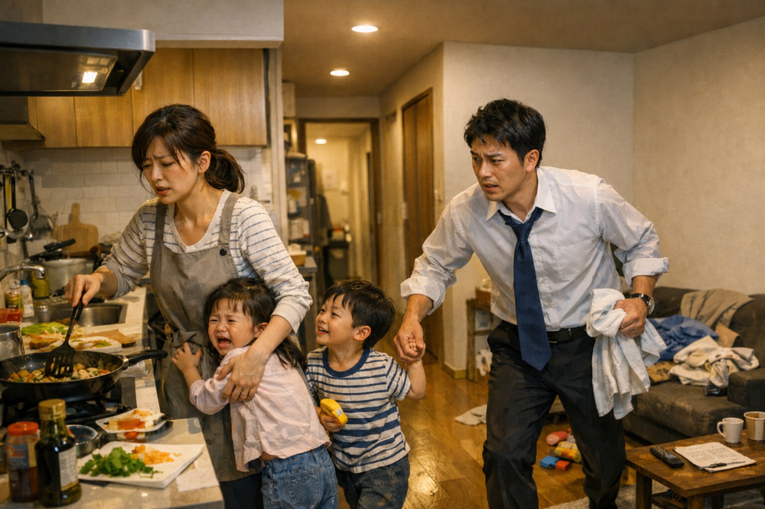 慌ただしい夕方のキッチンで、両親が二人の子どもに対応しながら夕食を準備する様子
